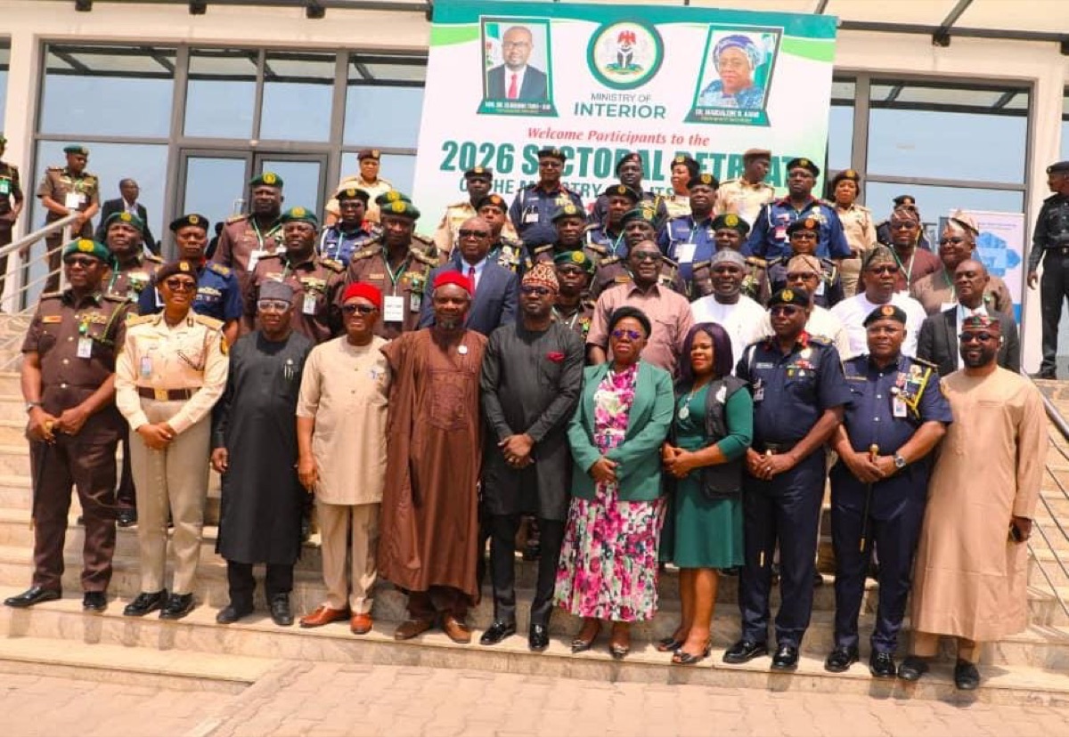 The Minister with the heads of the Immigration, Correctional, Civil Defence and Fire services at the 2026 sectoral retreat